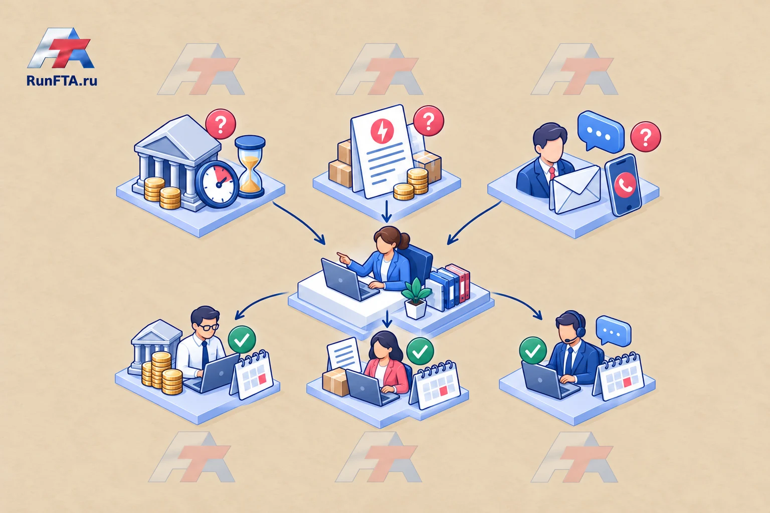 The manager selects different actions for cases of payment delays due to the bank, invoice disputes, and lack of communication with the buyer