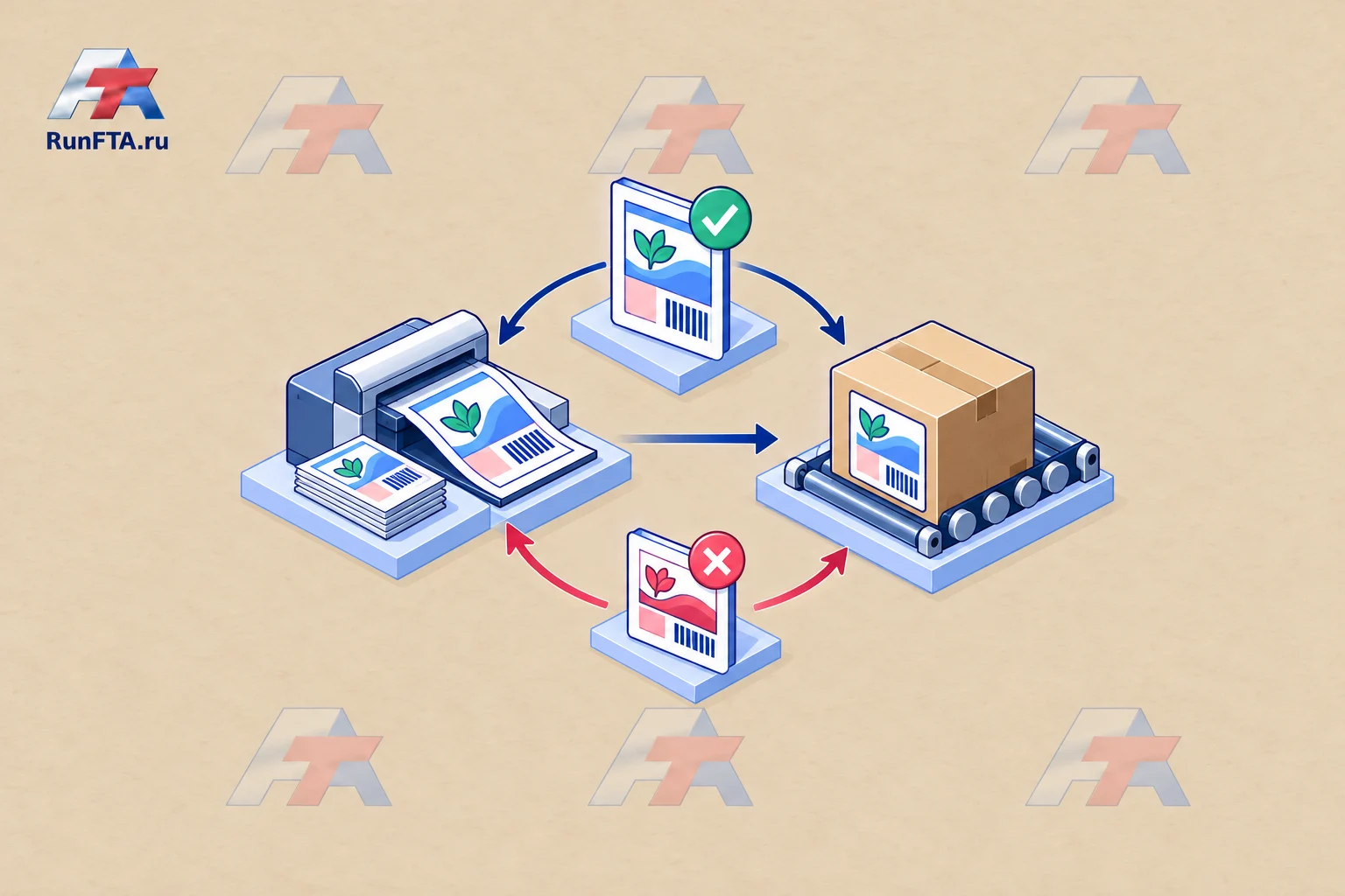 The approved layout is linked to the packaging sample and printing; discrepancies block shipment.