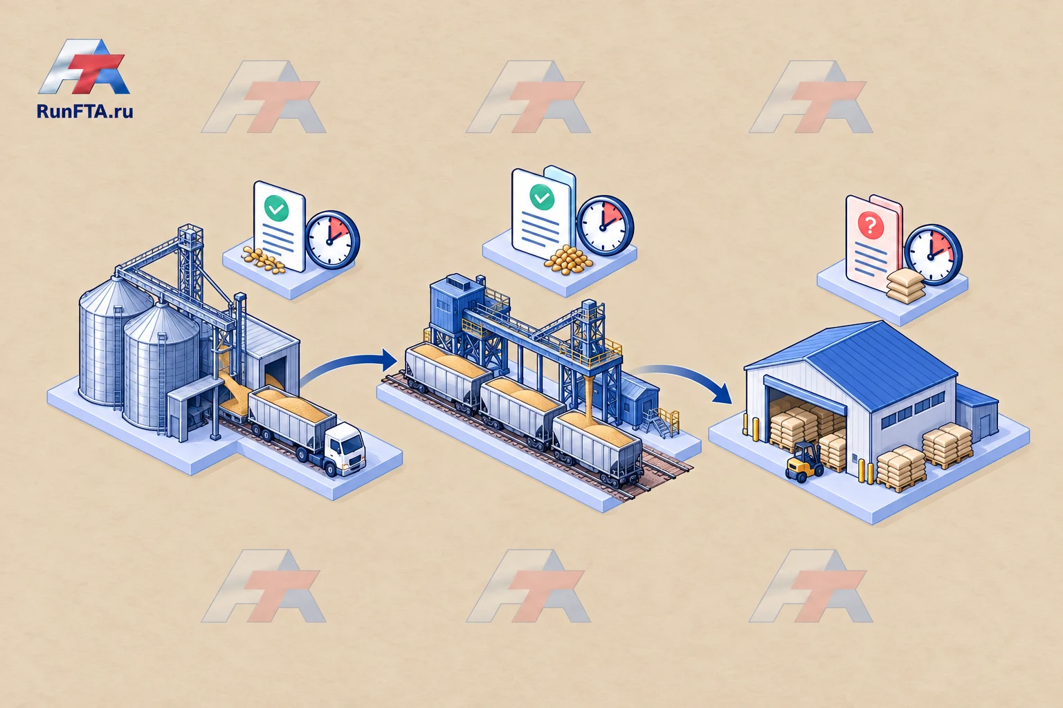 Grain transportation stages: from silo to destination warehouse, with documents and deadlines for each event