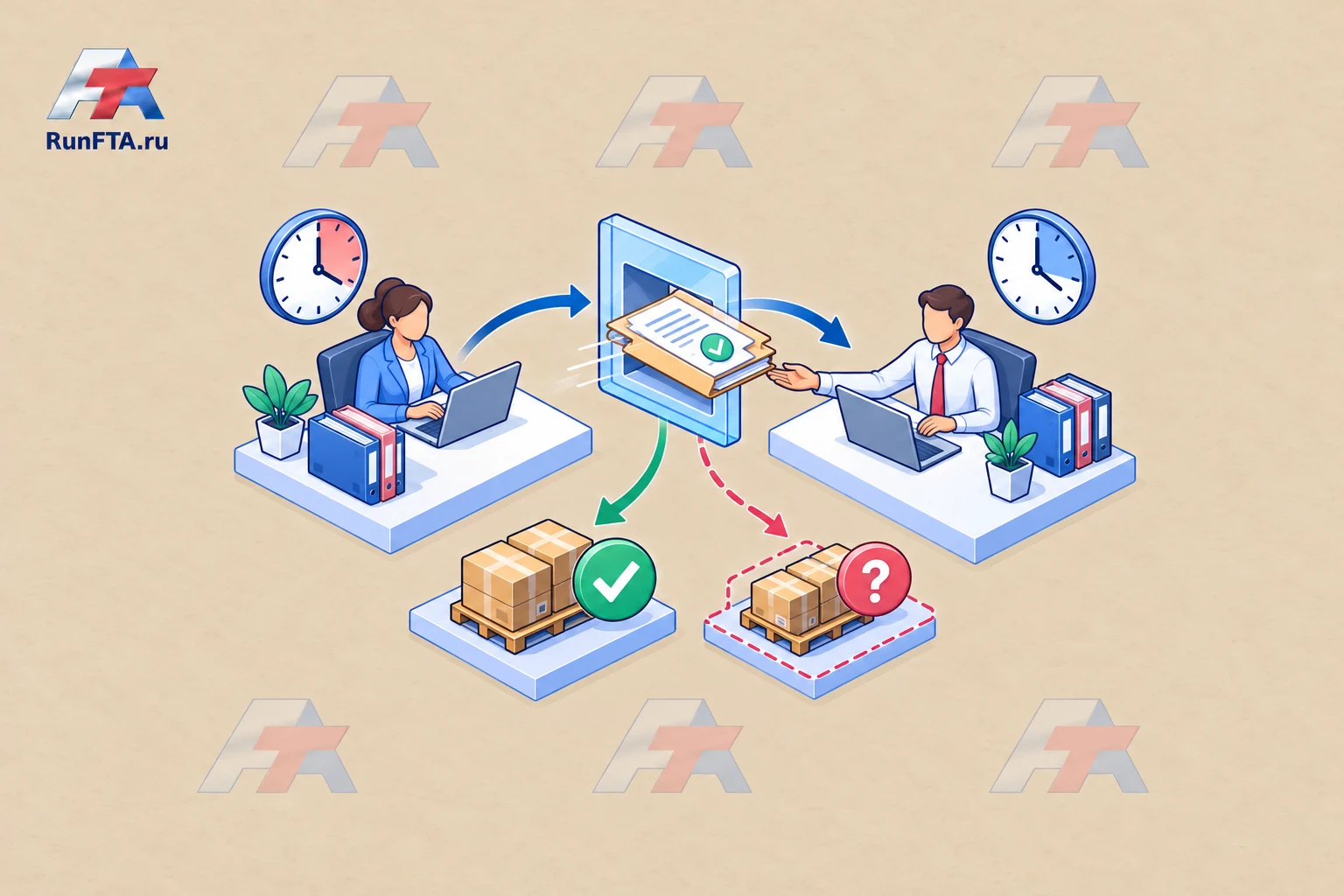Two coordinators in different time zones exchange documents through the task transfer window with acceptance verification