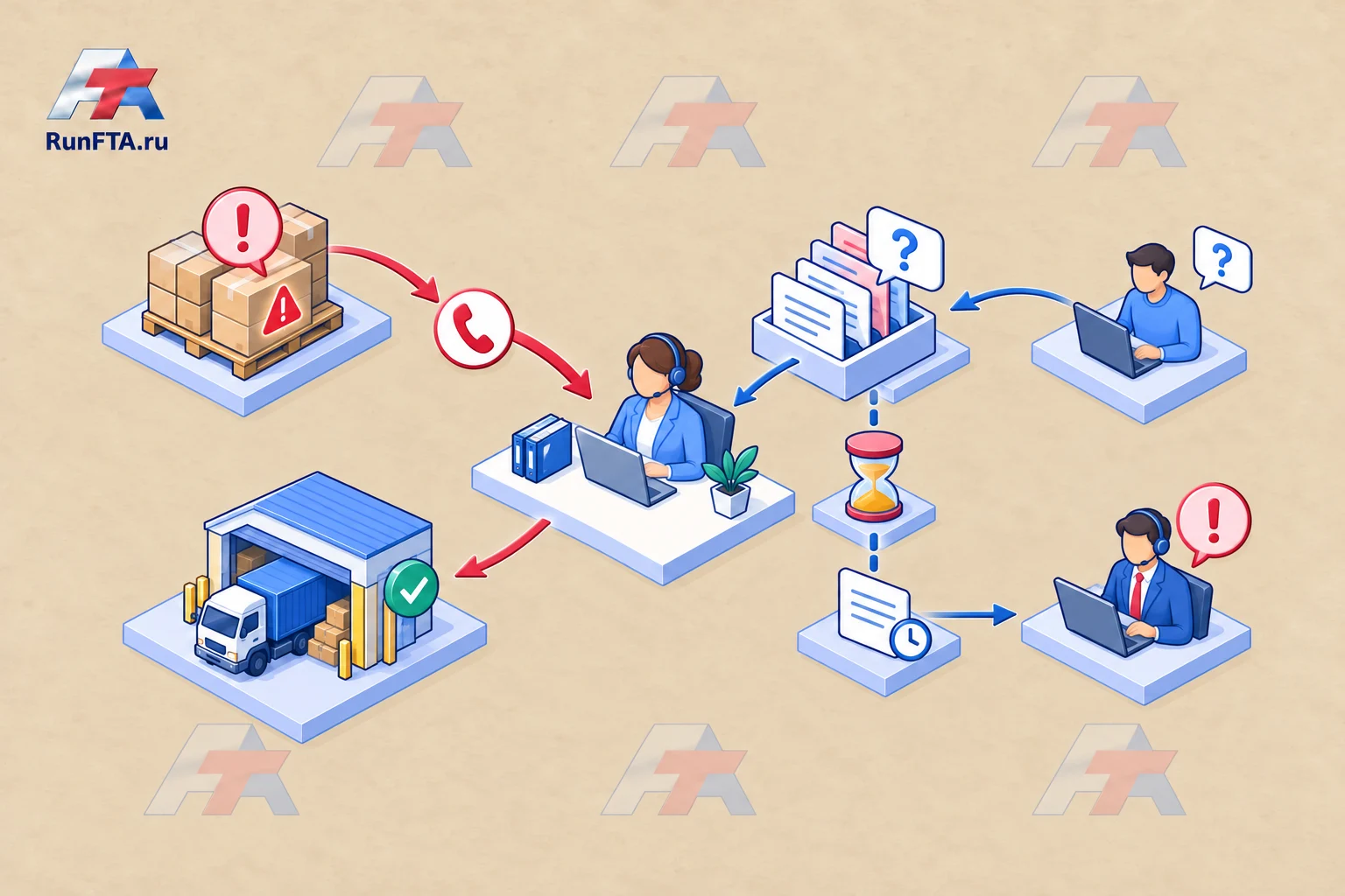 An urgent shipment issue is resolved via an agreed communication channel, while a routine issue remains in the written queue